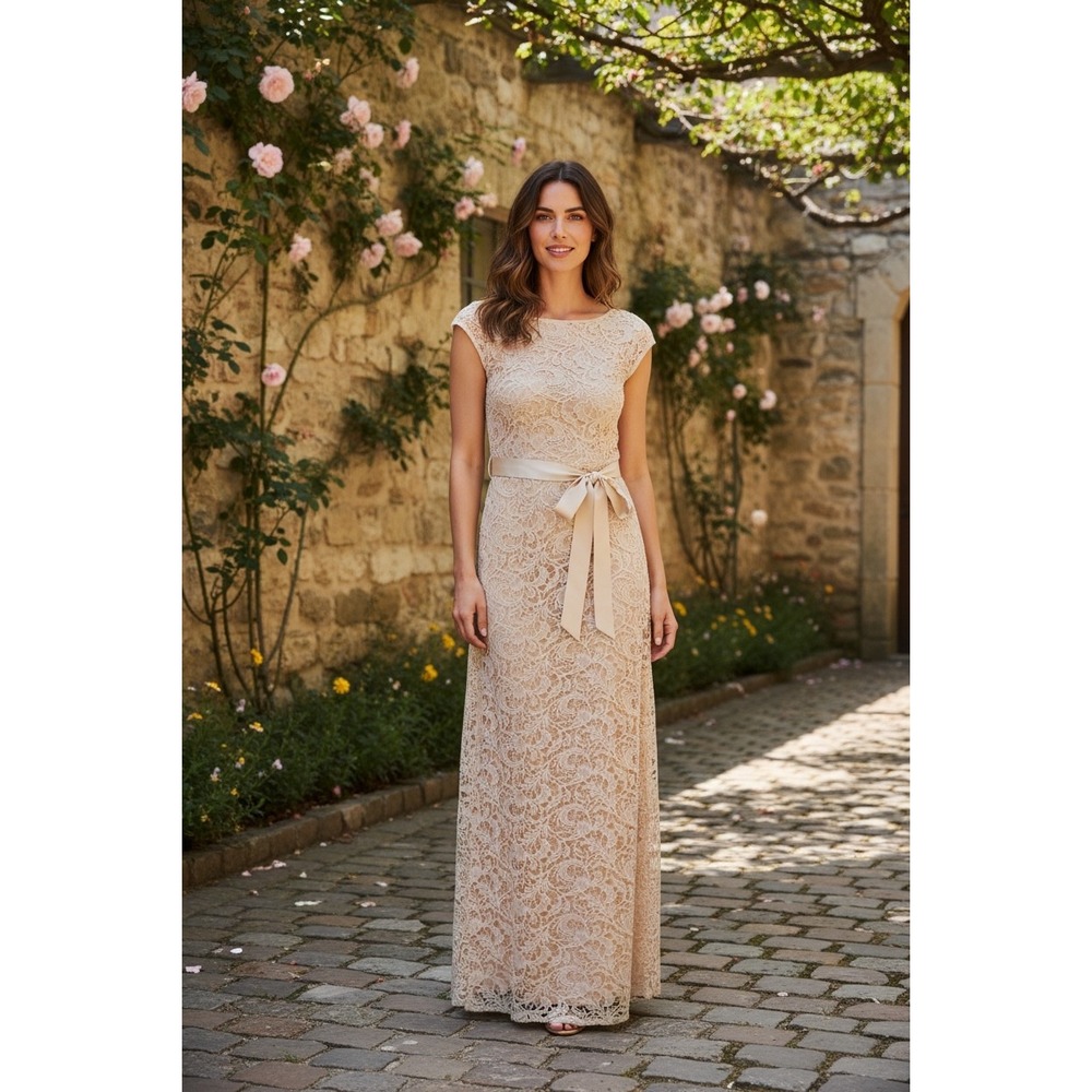 Adrianna Papell Gown Women 10 Beige Lace Cap Sleeve Formal Elegant Wedding Guest